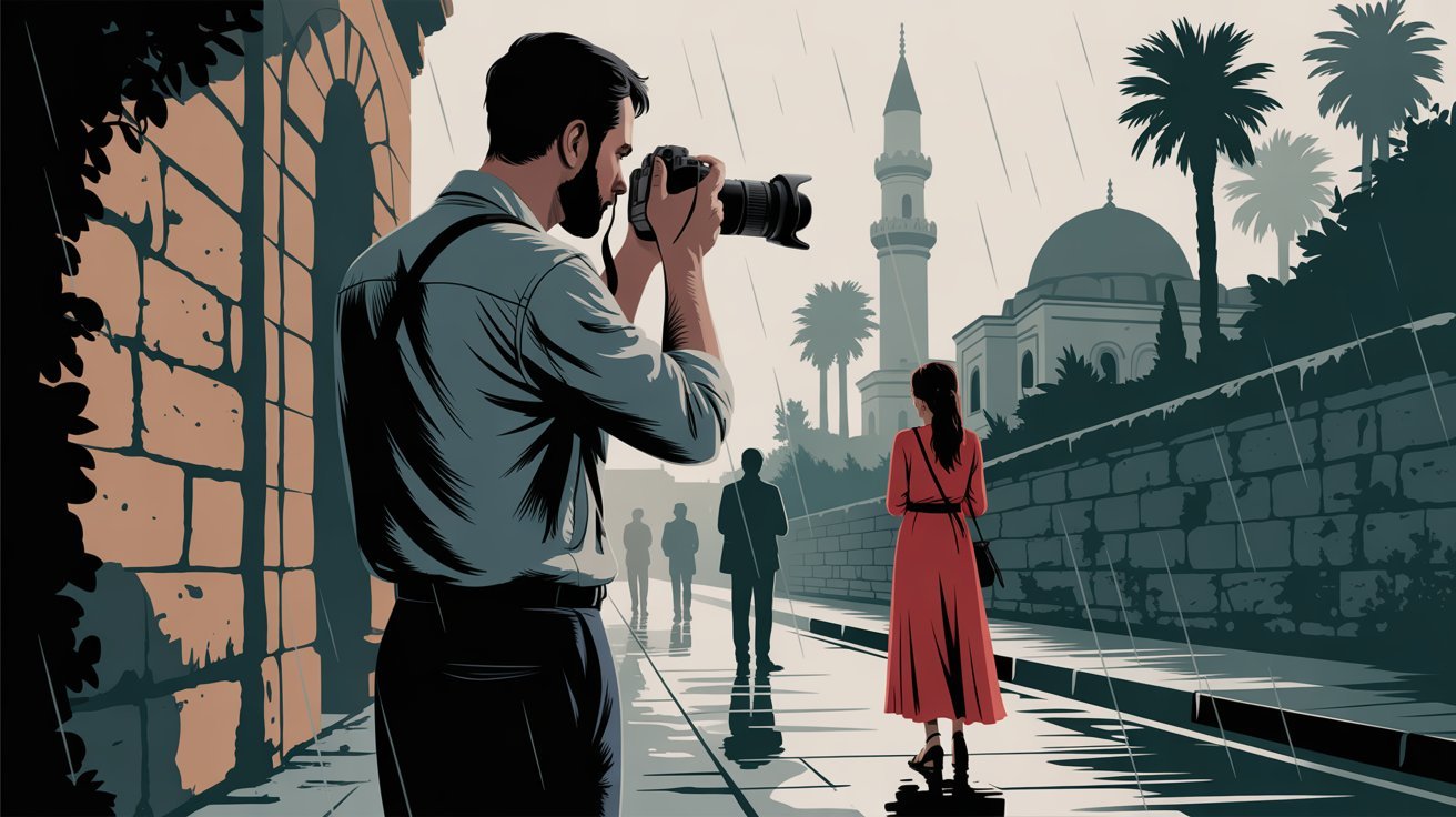 illustrierte Szene mit Privatdetektiv bei Observation in Side (Türkei); Wirtschaftsdetektei Side (Türkei), Wirtschaftsdetektiv Side (Türkei), Detektiv Side (Türkei), Privatdetektiv Side (Türkei)