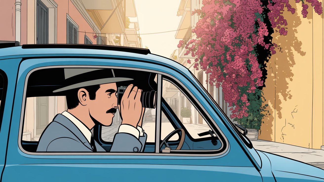 Comic-Detektiv bei Observation im Sommer; Wirtschaftsdetektei Korfu, Griechenland, Wirtschaftsdetektiv Korfu, Griechenland, Detektiv Korfu, Griechenland, Privatdetektiv Korfu, Griechenland