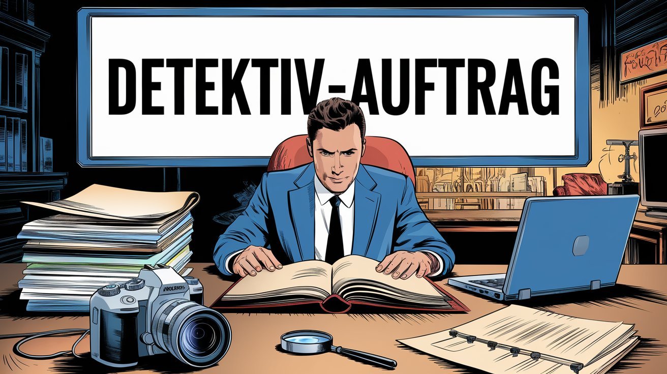 Privatdetektiv in Detektivbüro vor Screen mit Aufschrift "Detektiv-Auftrag"; Detektei in Leipzig, Detektivagentur in Leipzig, Privatermittler in Leipzig