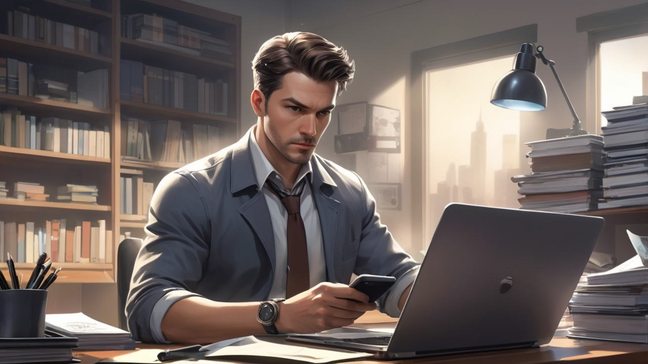 comic style detective working at his desk; private investigator Germany, private detective Germany, detective agency Germany, private eye Germany