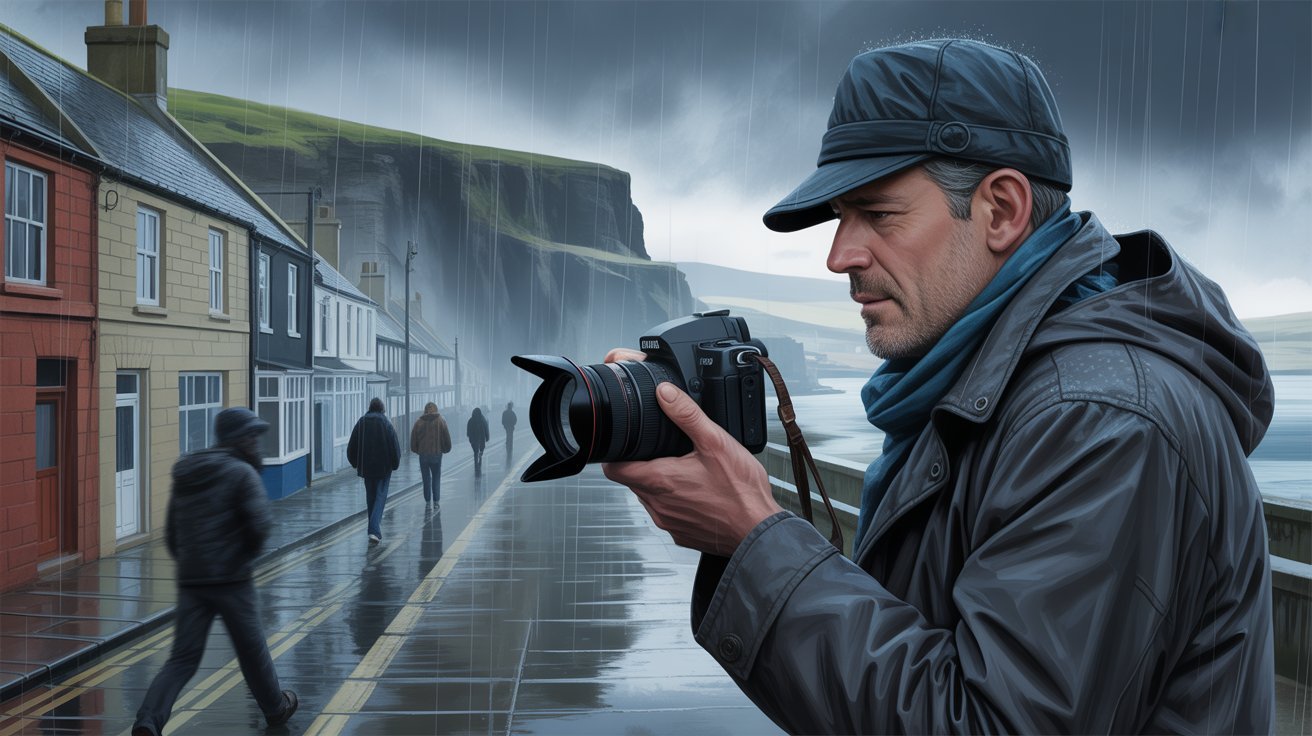 illustrierte Szene mit Privatdetektiv bei Observation mit Kamera auf Orkney (Schottland, Großbritannien); Wirtschaftsdetektei Orkney (Schottland, Großbritannien), Wirtschaftsdetektiv Orkney (Schottland, Großbritannien), Detektiv Orkney (Schottland, Großbritannien), Privatdetektiv Orkney (Schottland, Großbritannien)